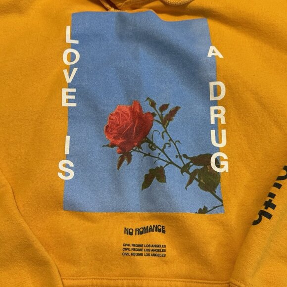 CIVIL REGIME Hoodie Mens Large Yellow Love is a Drug Rebel Youth Sweatshirt - Picture 3 of 5